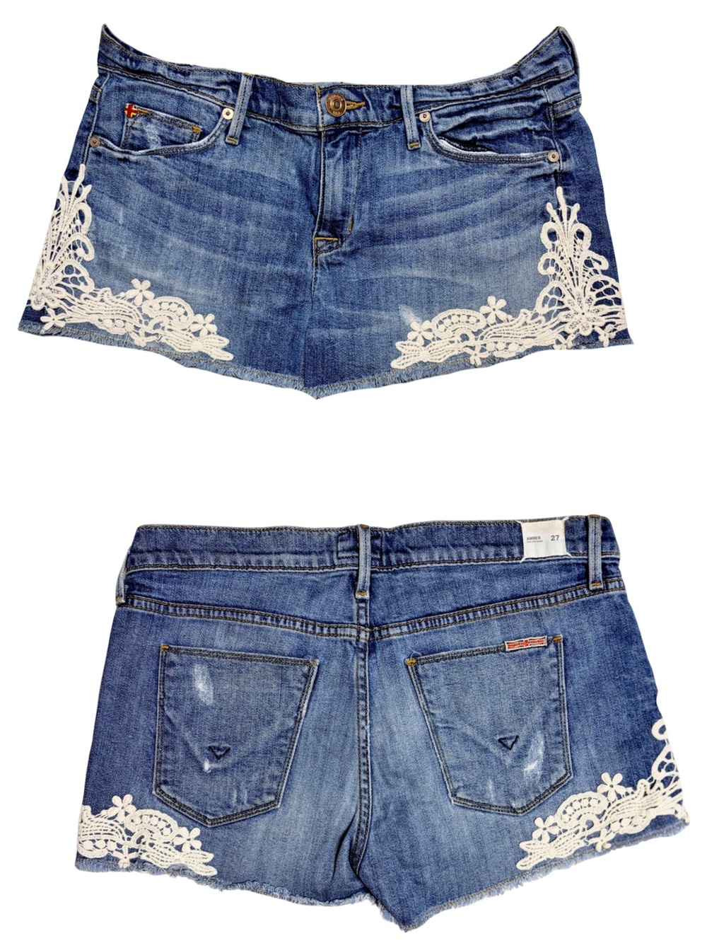 new Amber Fray Raw Edge Hem Denim Shorts with Lace Applique - Picture 8 of 16